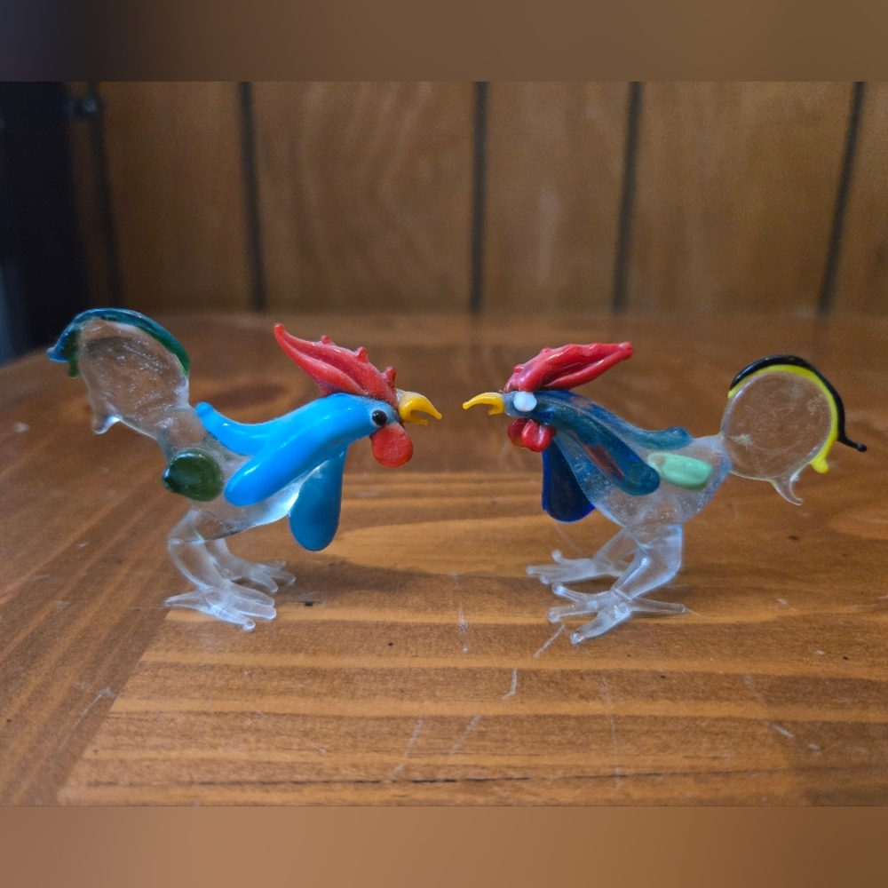 Vintage Colorful Art Glass Roosters - Set of 2 Glass Figurines